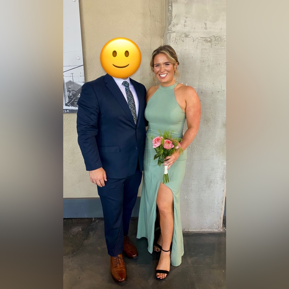 Azazie Sage Green Halter Wedding Dress - Picture 2 of 3